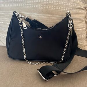 Black crossbody bag with chain detail.